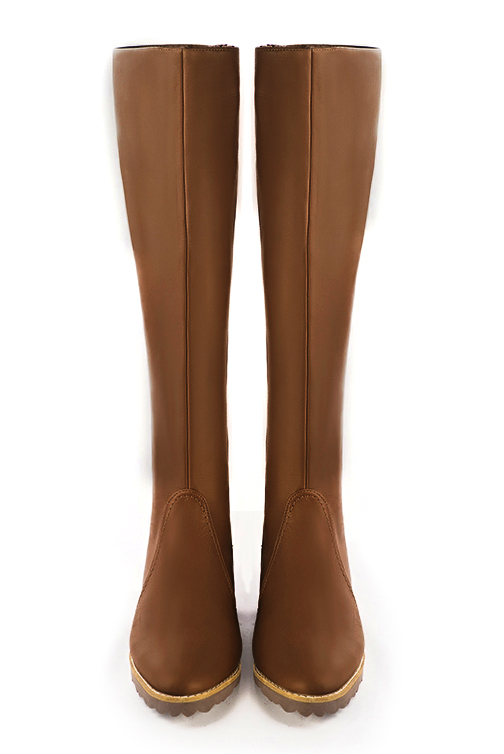 Caramel brown women's riding knee-high boots. Round toe. Flat rubber soles. Made to measure. Top view - Florence KOOIJMAN
